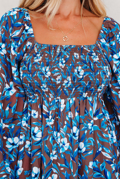 Floral Smocked Bodice Ruffle Sleeve Dress