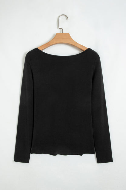 Solid Lace Trim V-Neck Long Sleeve Top