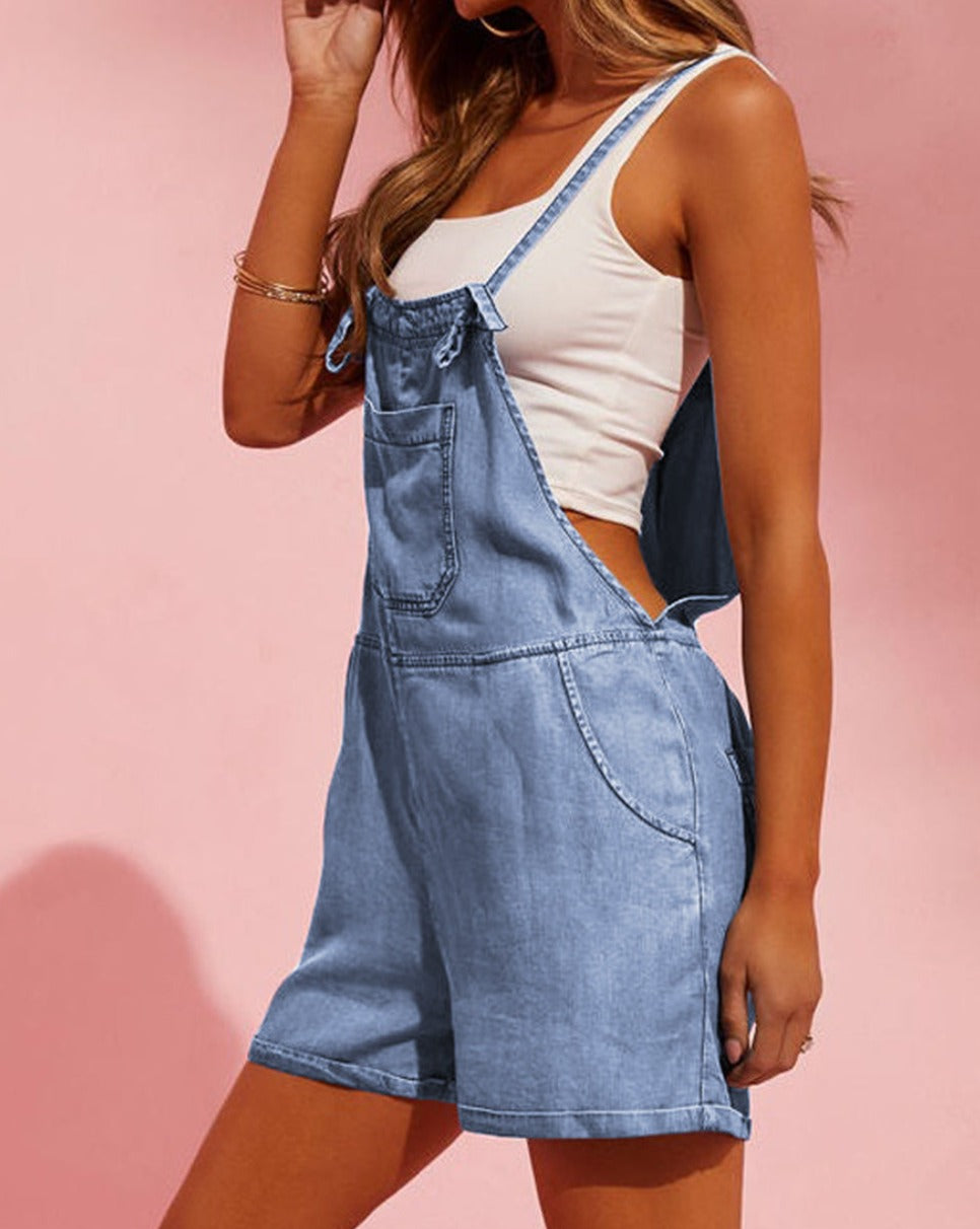 Denim Tie Straps Pocketed Romper