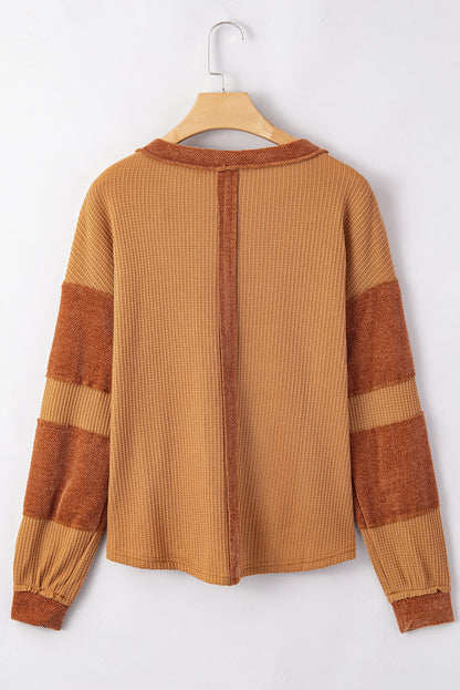 Colorblock Waffle Knit Exposed Seam Long Sleeve Top