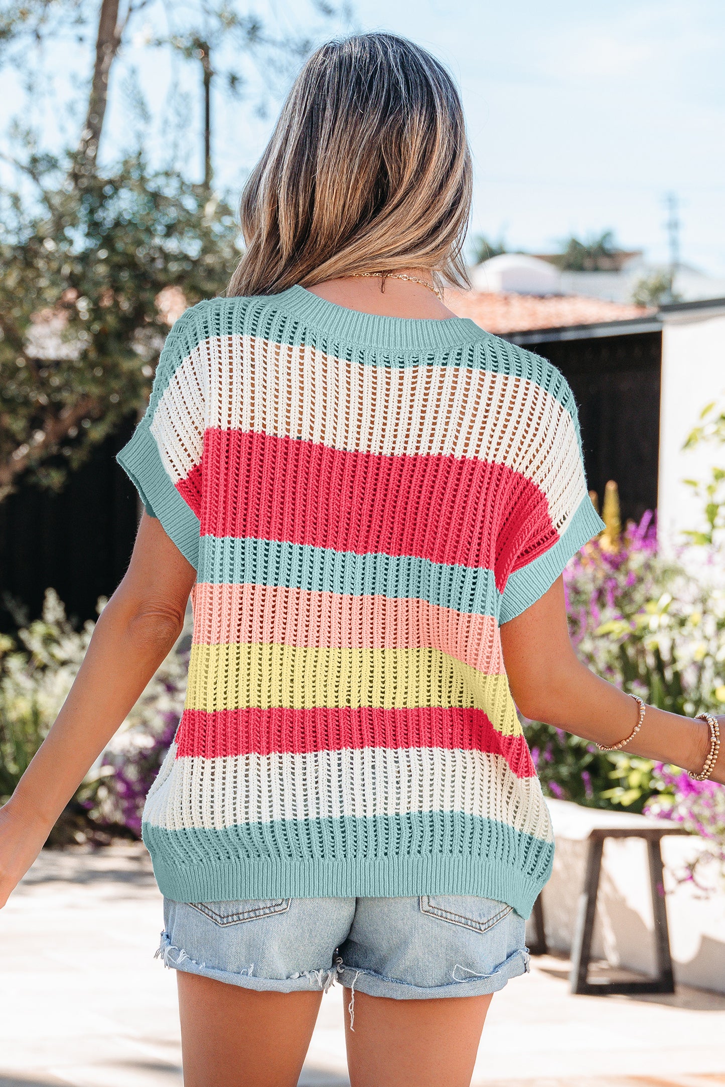 Stripe Colorblock Hollow-Out Short Sleeve Sweater