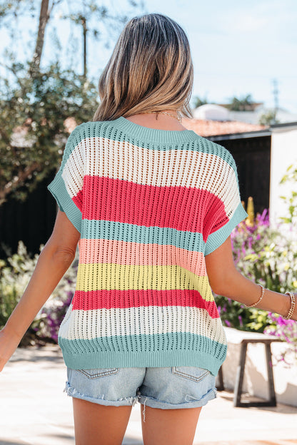 Stripe Colorblock Hollow-Out Short Sleeve Sweater