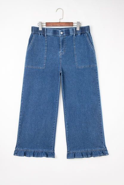 Plus Size Denim Elastic Waist Ruffle Wide Leg Pants