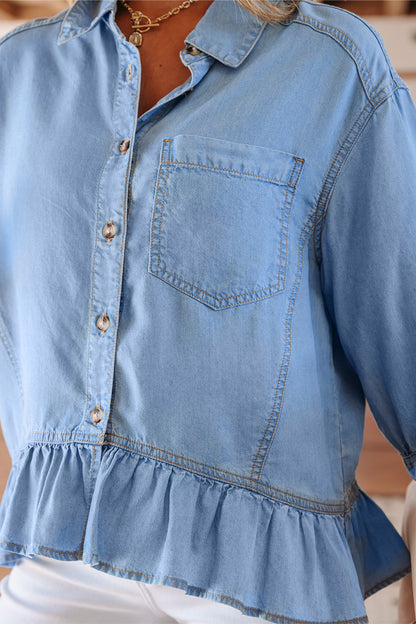 Denim Chambray Ruffle 3/4 Sleeve Buttoned Shirt