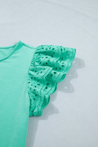 Solid Eyelet Lace Ruffle Cap Sleeve Top