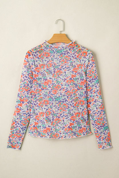 Floral Mesh Long Sleeve Mock Neck Top