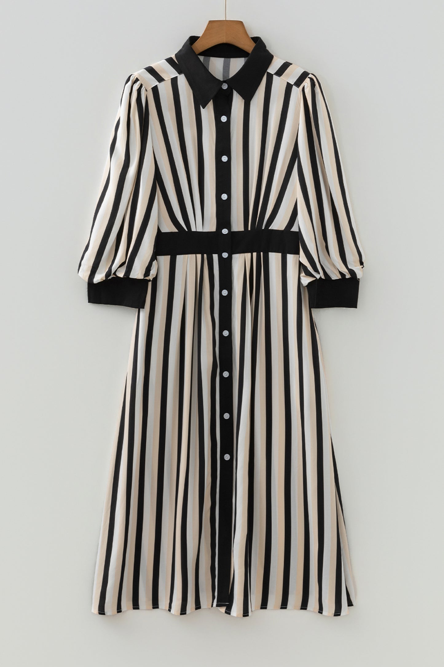 Stripe 3/4 Puff Sleeve Button Midi Dress