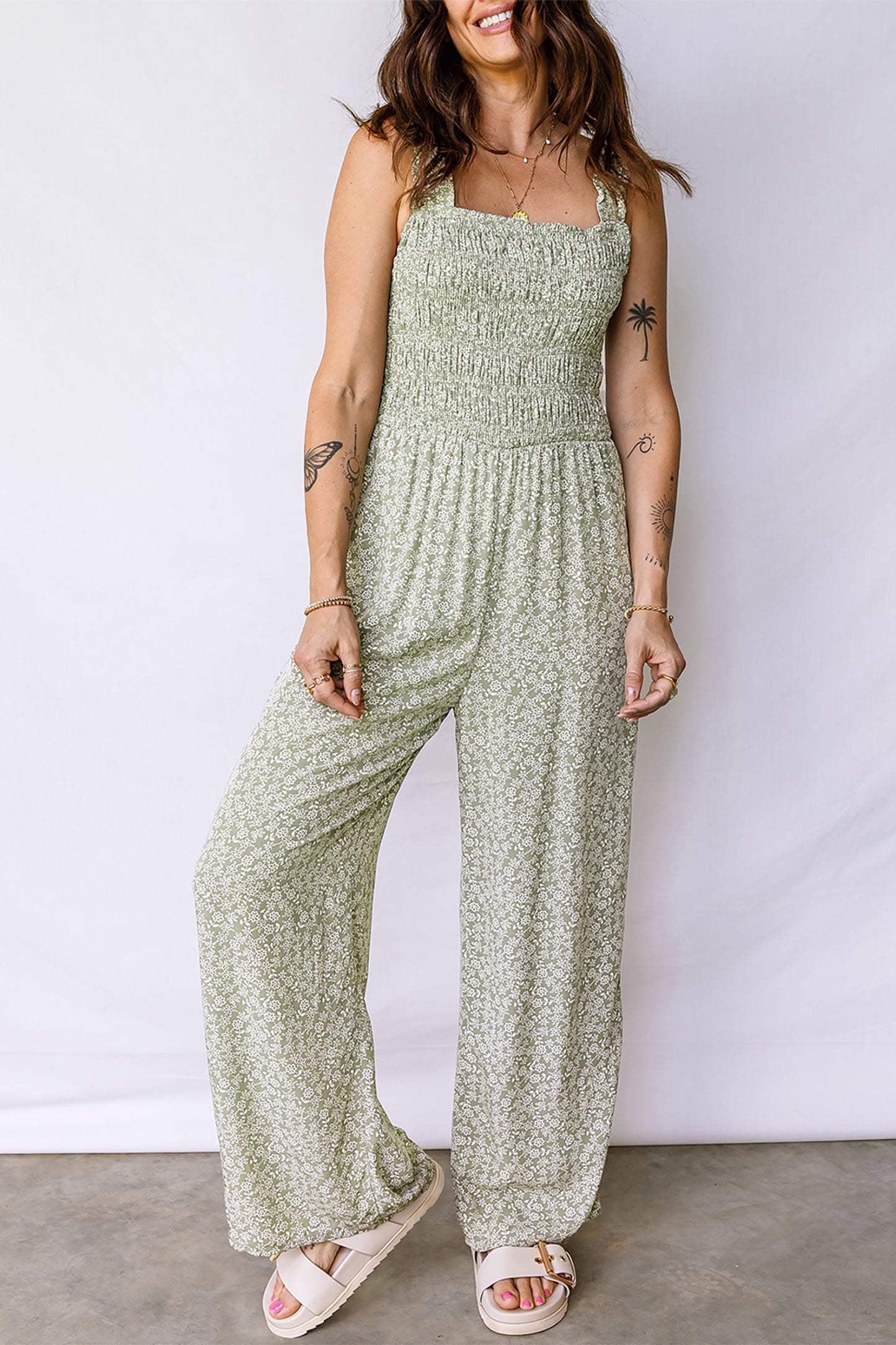 Floral Smocked Square Neck Sleeveless Jumpsuit