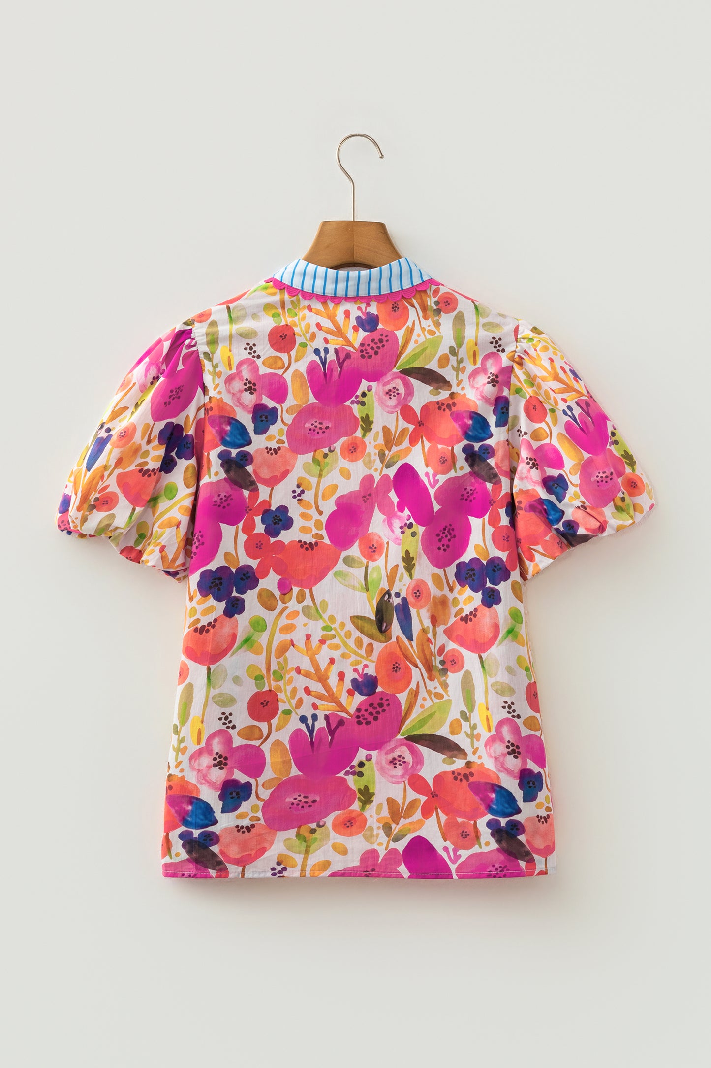 Floral V-Neck Puff Sleeve Cotton Blouse