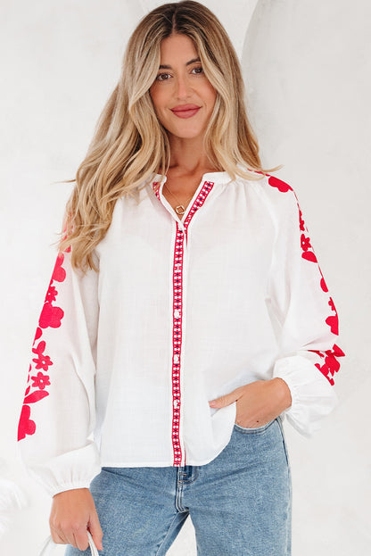 Floral Embroidered Puff Long Sleeve Shirt
