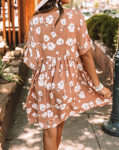 Floral 3/4 Sleeve Pocketed Babydoll Dress