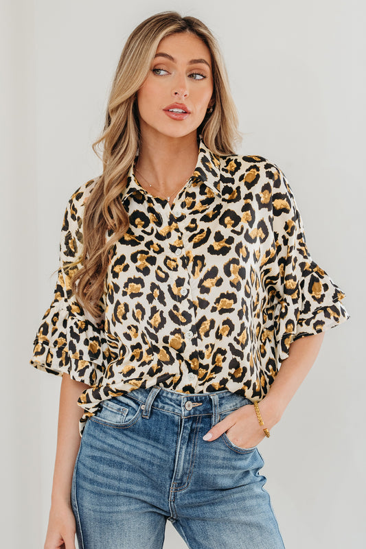 Leopard Ruffle Trim 3/4 Sleeve Buttoned Shirt
