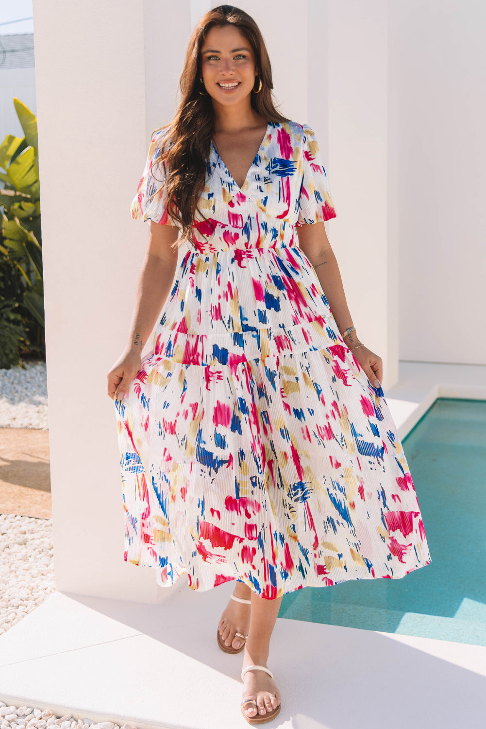 Abstract Short Puff Sleeve Tiered Maxi Dress