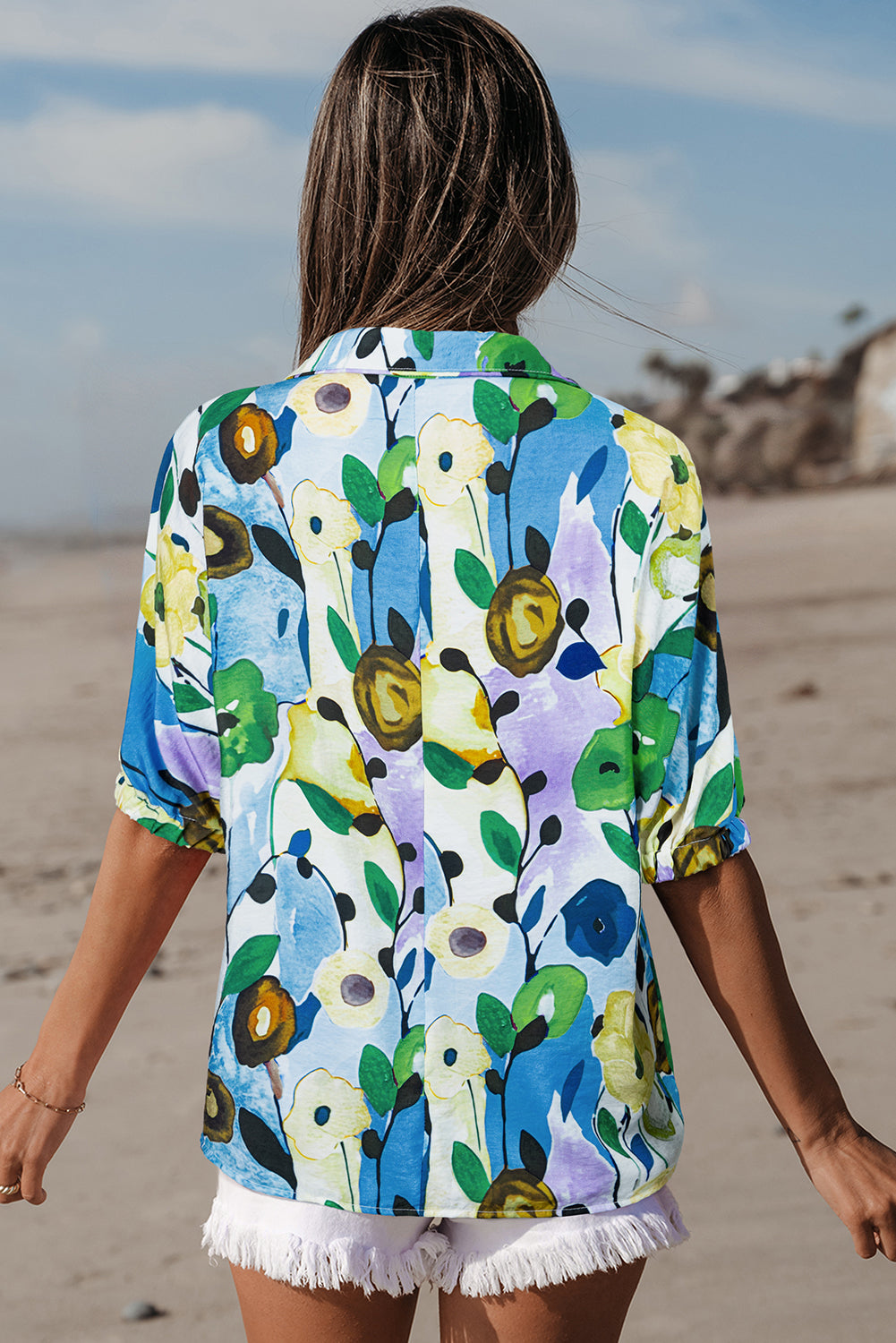 Floral Slit V-Neck Short Sleeve Blouse