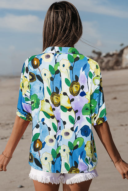 Floral Slit V-Neck Short Sleeve Blouse