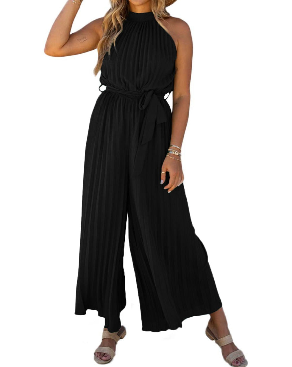 Pleated Halter Wide Leg Jumpsuit