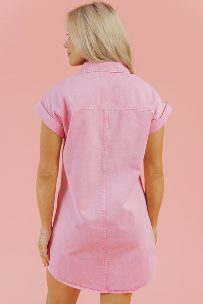 Denim Short Sleeve Double Chest Pocket Shirt Dress