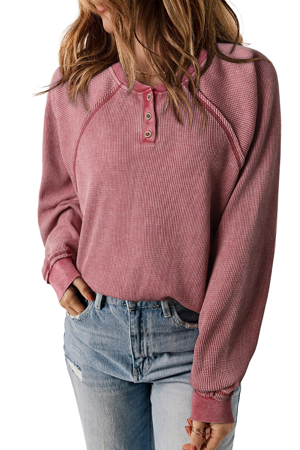 Waffle Raglan Sleeve Henley Sweatshirt