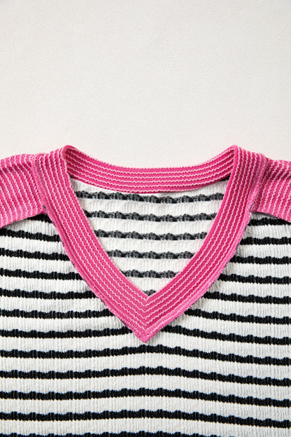 Stripe V-Neck Corded Knit Long Sleeve Top