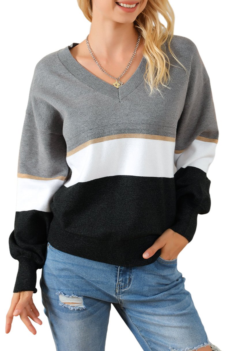 Colorblock Stripe V-Neck Sweater