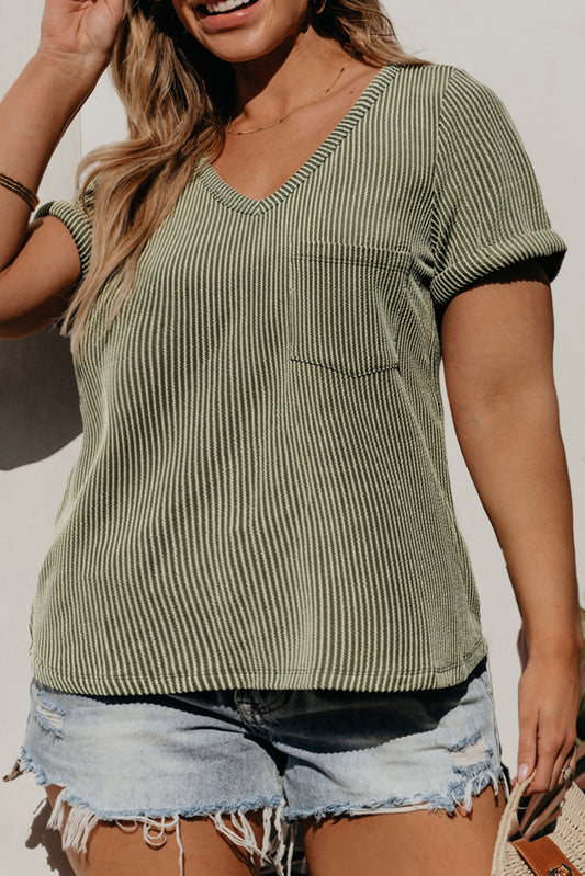 Corded V-Neck Patch Pocket Tee Plus Size