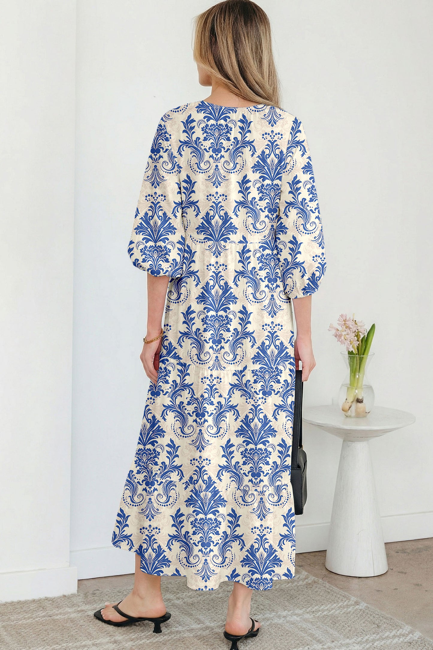 Boho Tied V-Neck 3/4 Sleeve Maxi Dress