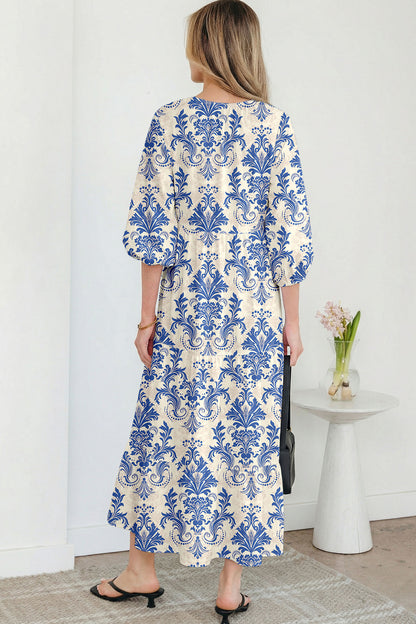 Boho Tied V-Neck 3/4 Sleeve Maxi Dress