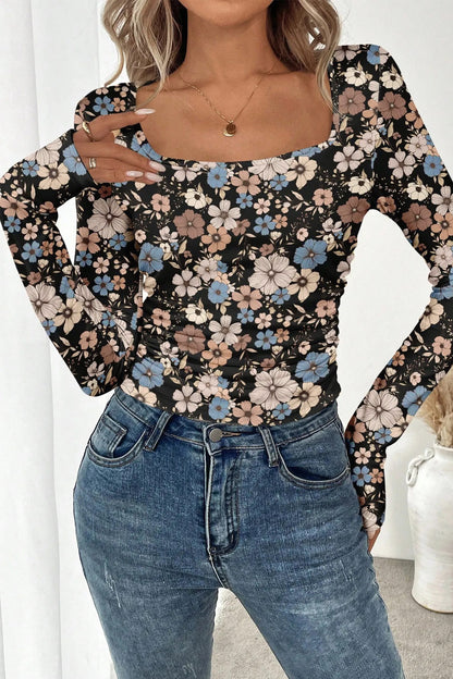 Leopard & Floral Square Neck Long Sleeve T-Shirt