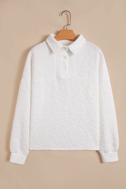 Solid Floral Textured Buttoned Collar Sweatshirt