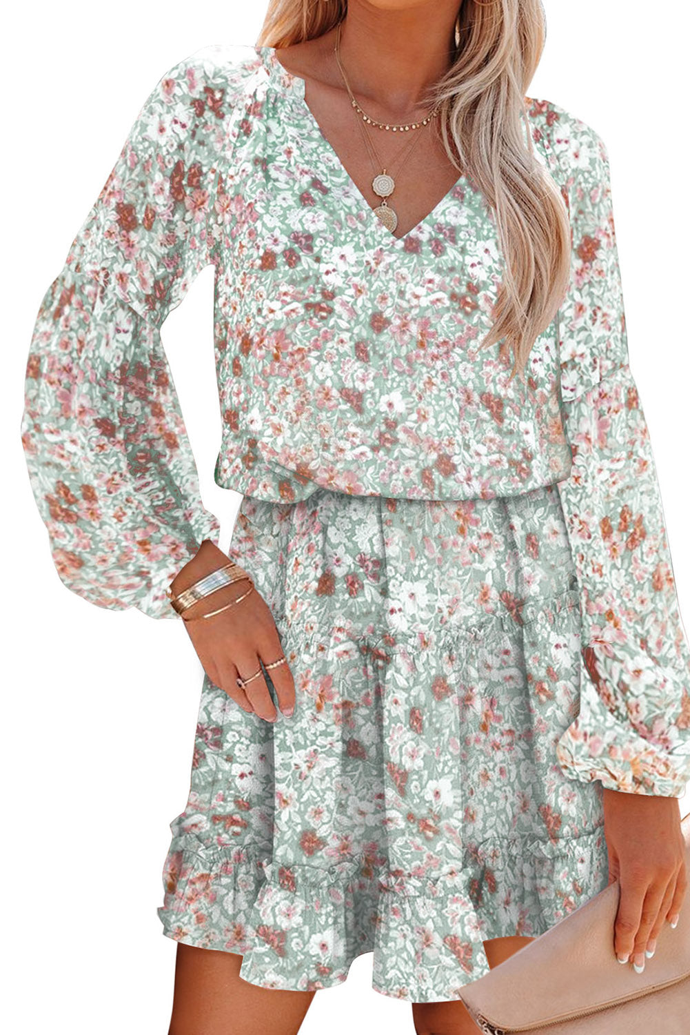 Floral Puff Sleeve Tiered Dress