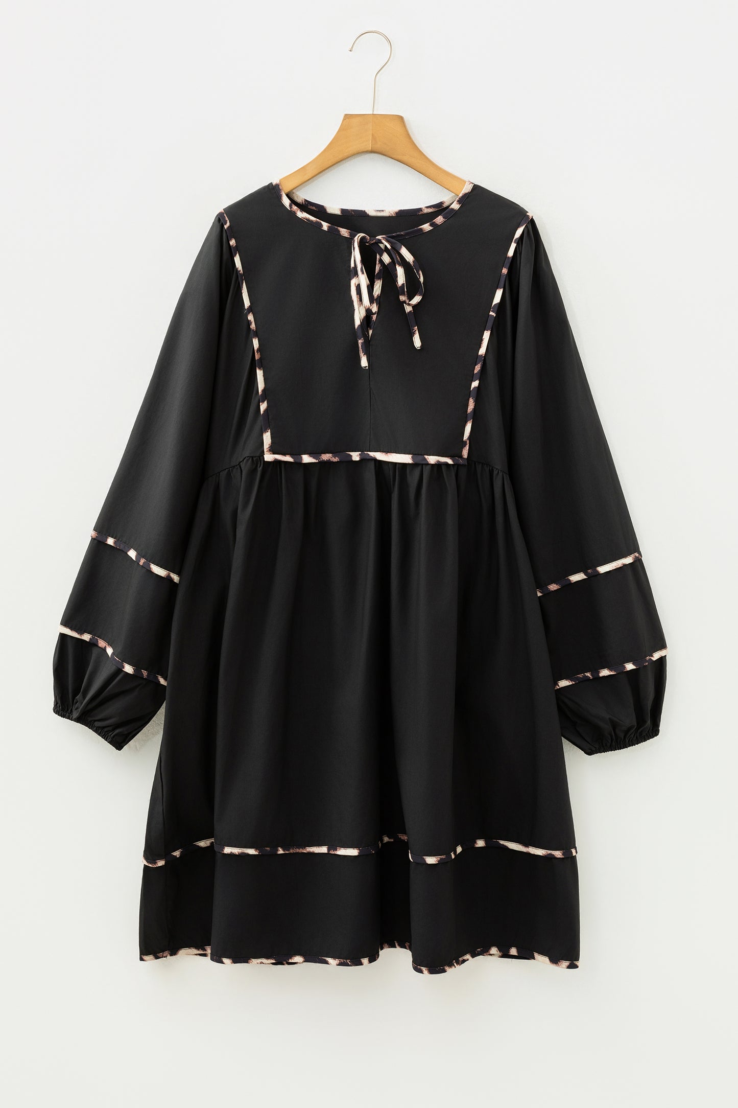 Plus Size Leopard Contrast Trim Tie-Neck Mini Dress