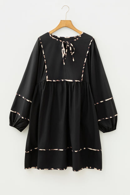 Plus Size Leopard Contrast Trim Tie-Neck Mini Dress