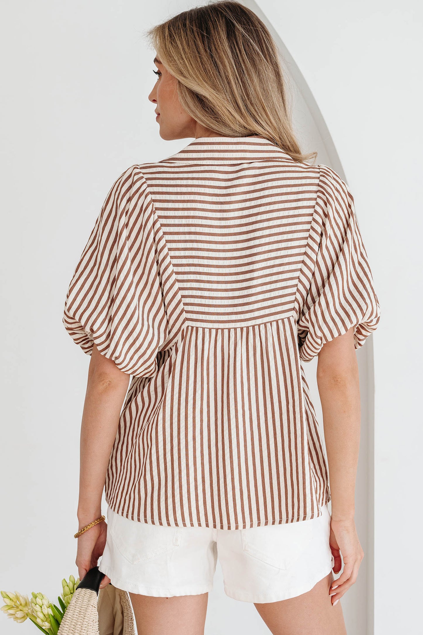 Stripe Shirred V-Neck Short Puff Sleeve Blouse