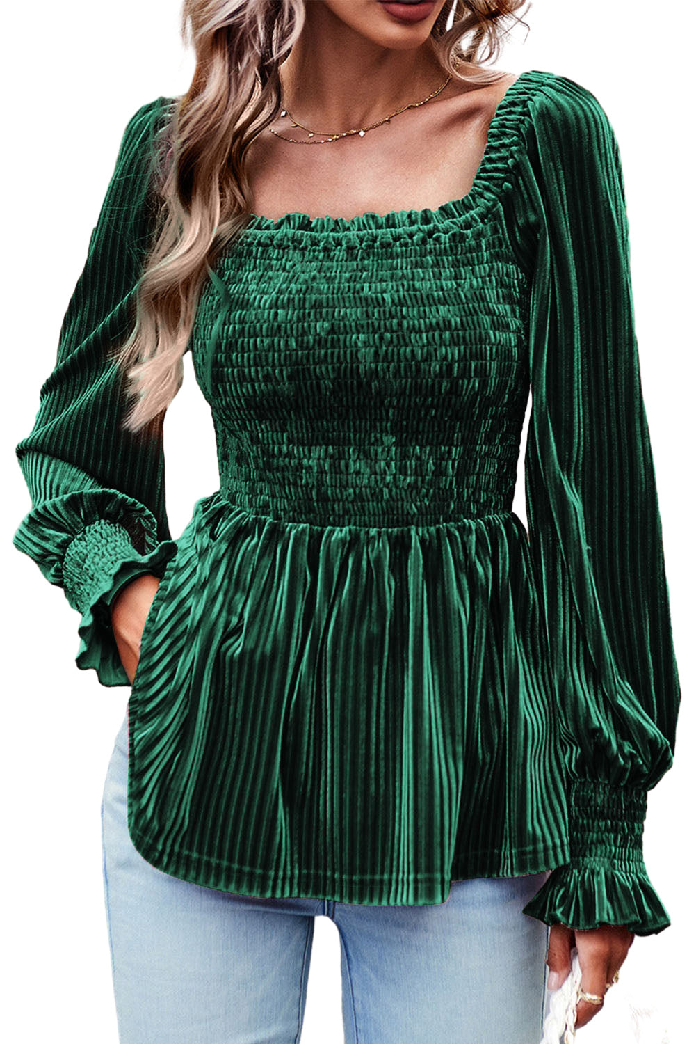 Pleated Velvet Smocked Babydoll Top