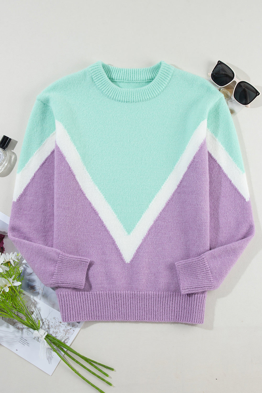 Colorblock Chevron Ribbed Trim Sweater