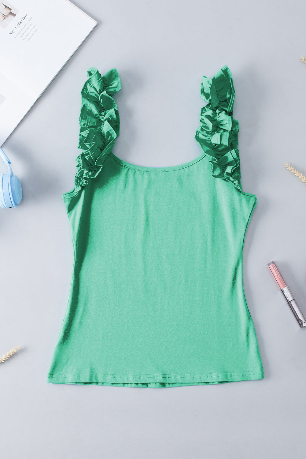 Solid Ruffle Straps Scoop Neck Tank Top