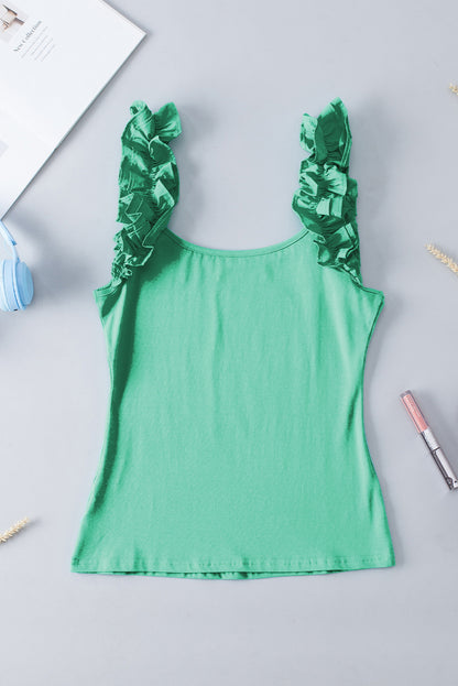 Solid Ruffle Straps Scoop Neck Tank Top