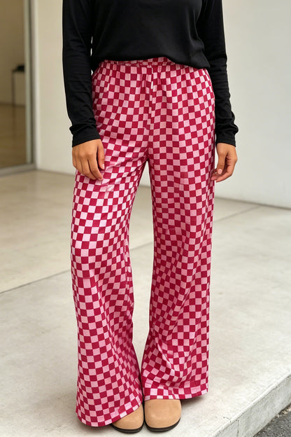 Checker Elastic Waist Wide Leg Pants