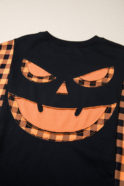 Halloween Pumpkin Gingham Patchwork Long Sleeve Top