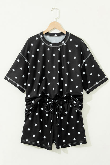 Polka Dot Loose Tee & Drawstring Shorts Set