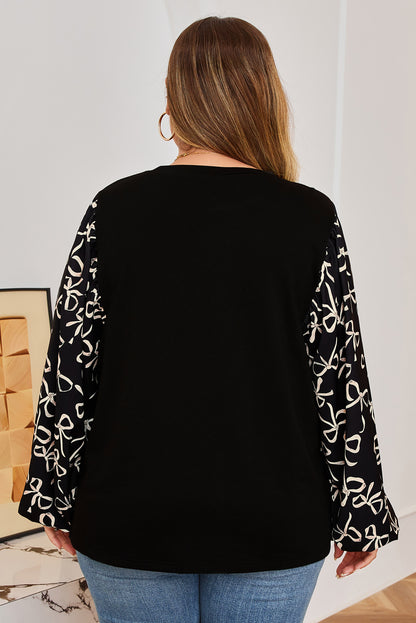 Plus Size Bow Tie Patchwork Long Sleeve Blouse