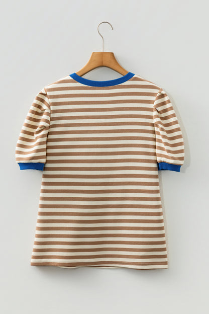 Stripe Contrast Trim Short Puff Sleeve Tee