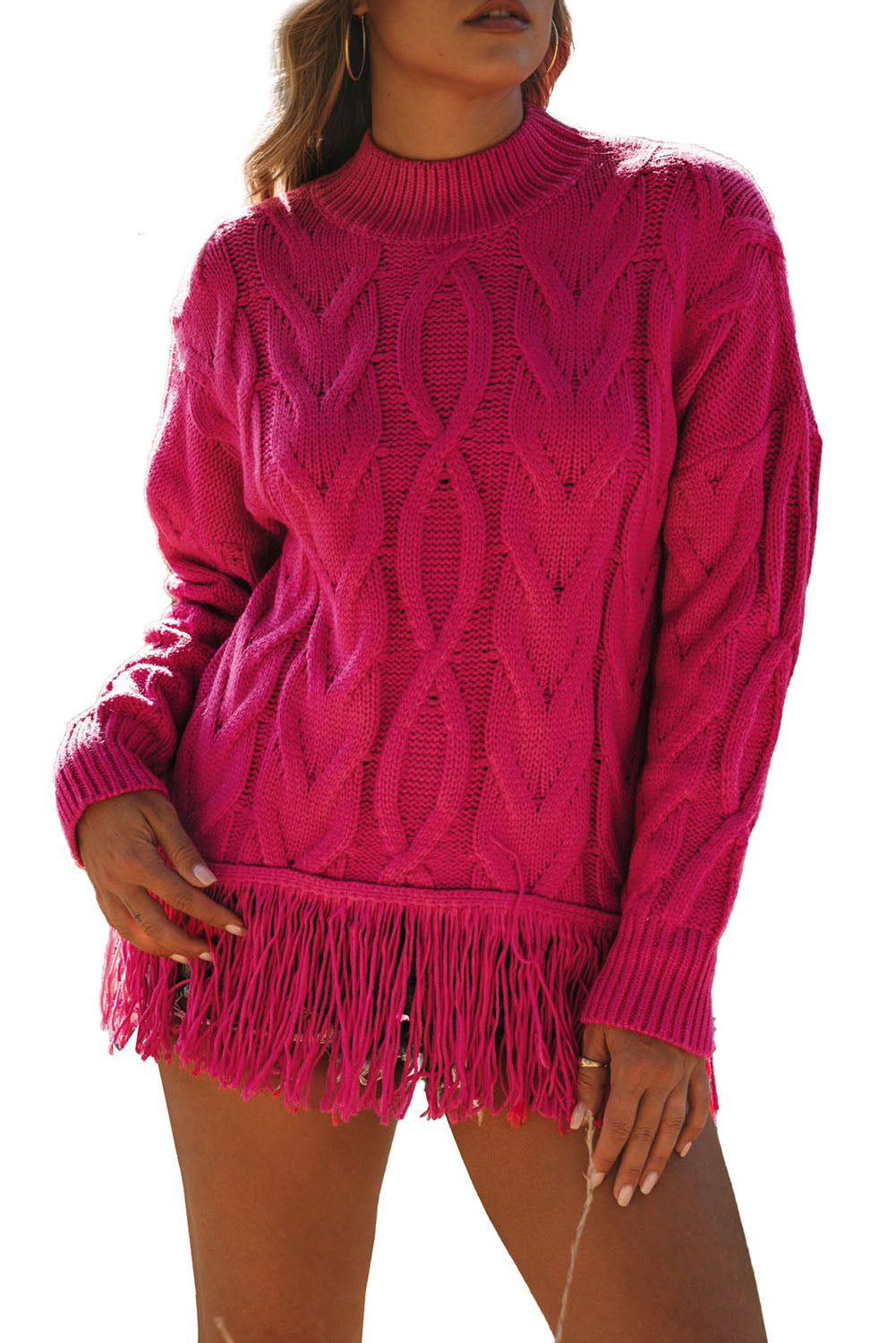 Cable Tassel Mock Neck Sweater