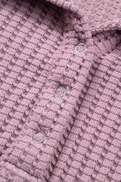 Solid Textured Knit Snap Button Collar Top