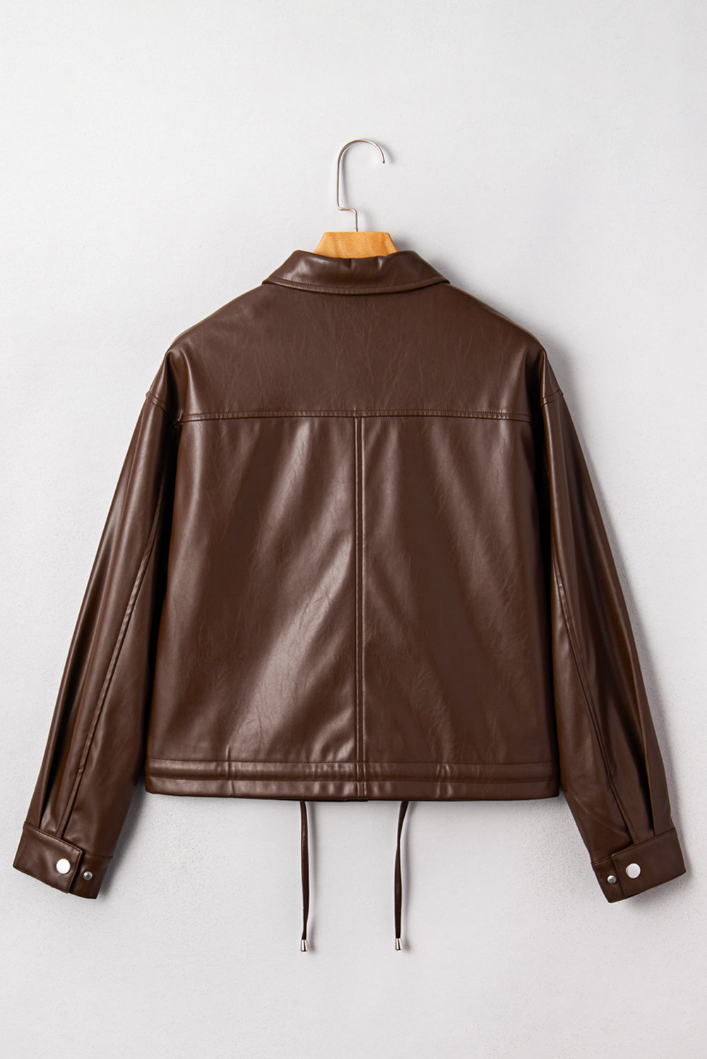 Leather Drawstring Hem Pocketed Jacket