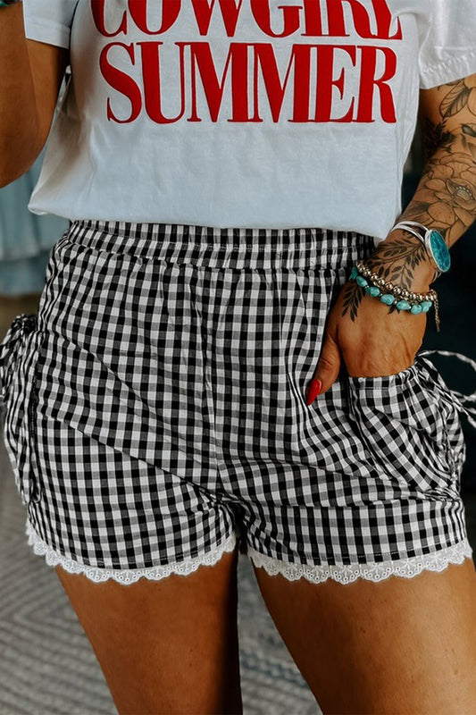 Gingham Lace Trim Pouch Pocket Shorts