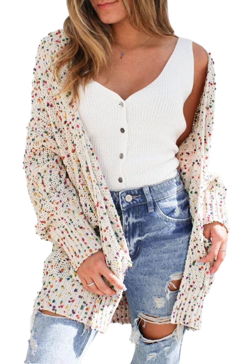 Confetti Ribbed Trim Long Cardigan