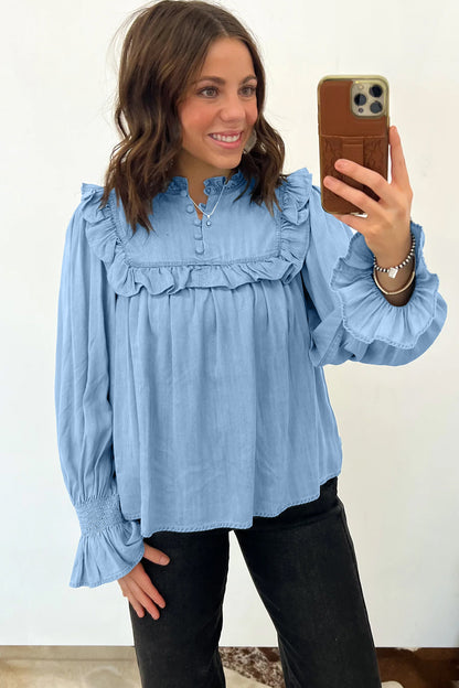 Western Denim Chambray Ruffle V-Neck Long Sleeve Blouse