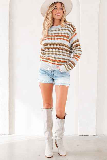 Stripe Eyelet Knit Drop Shoulder Sweater