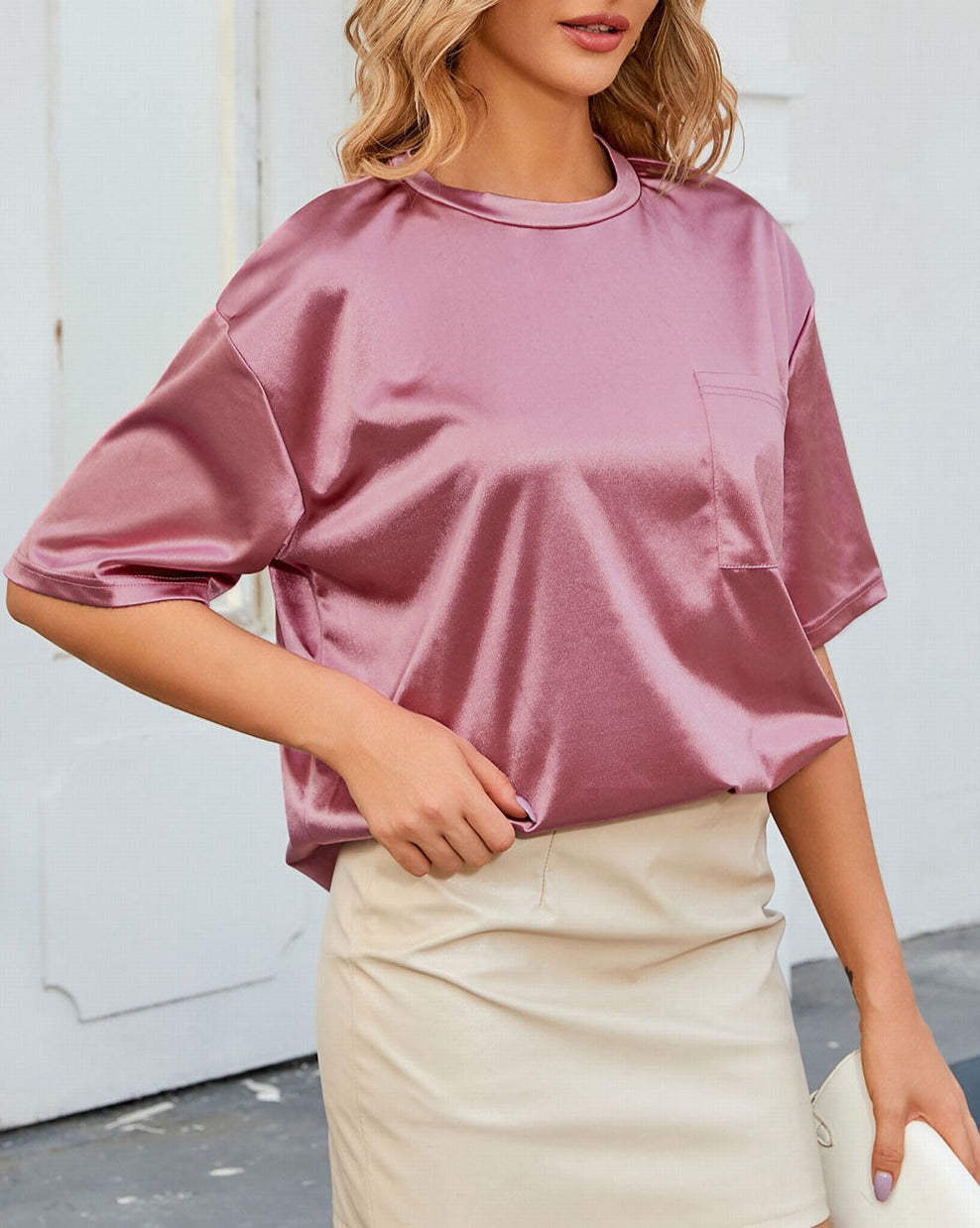 Satin Short Sleeve Pocketed T-Shirt